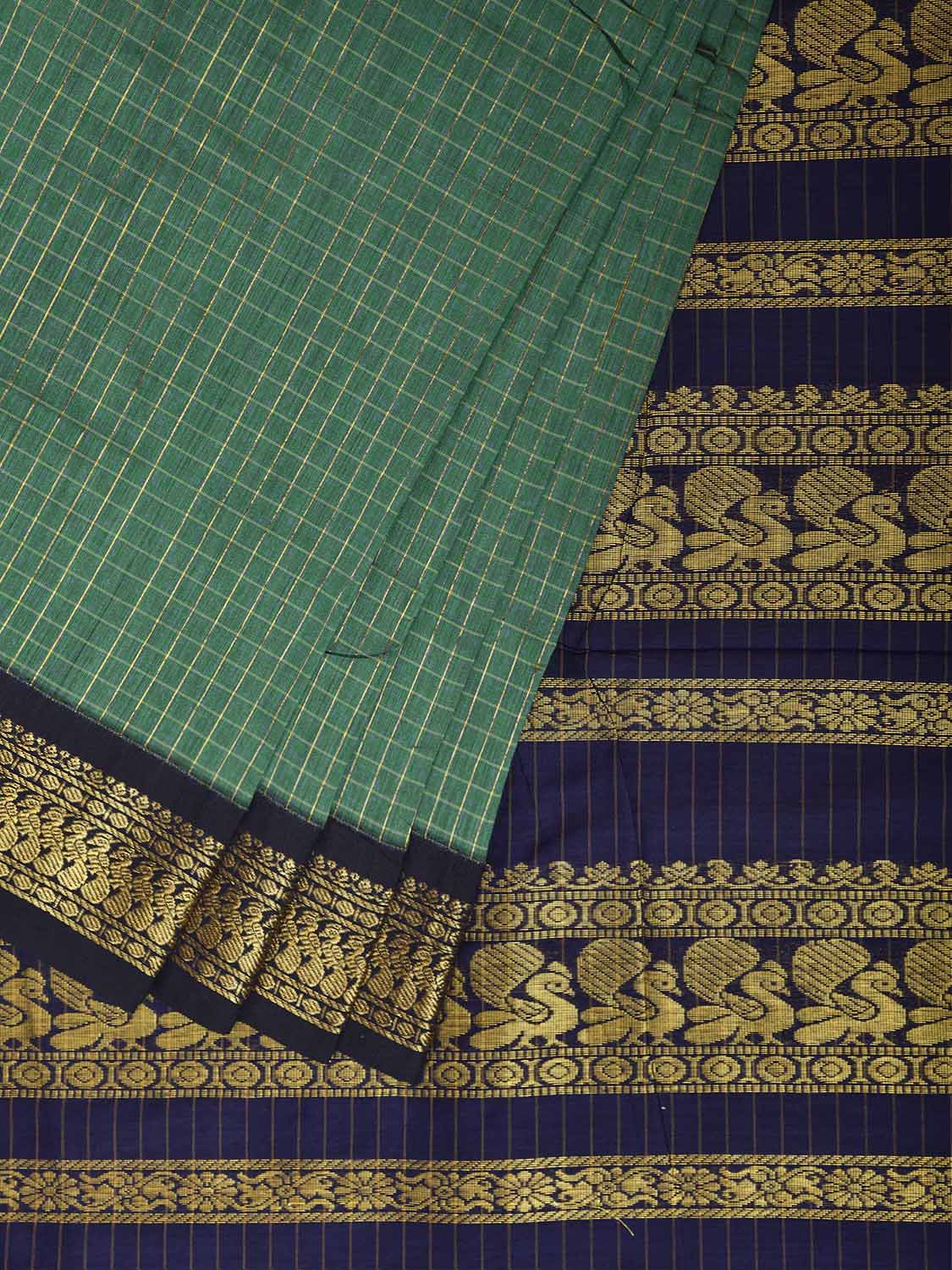 Green and Navy Gadwal Cotton Viscose Saree with Checks and Pallu Design g0604
