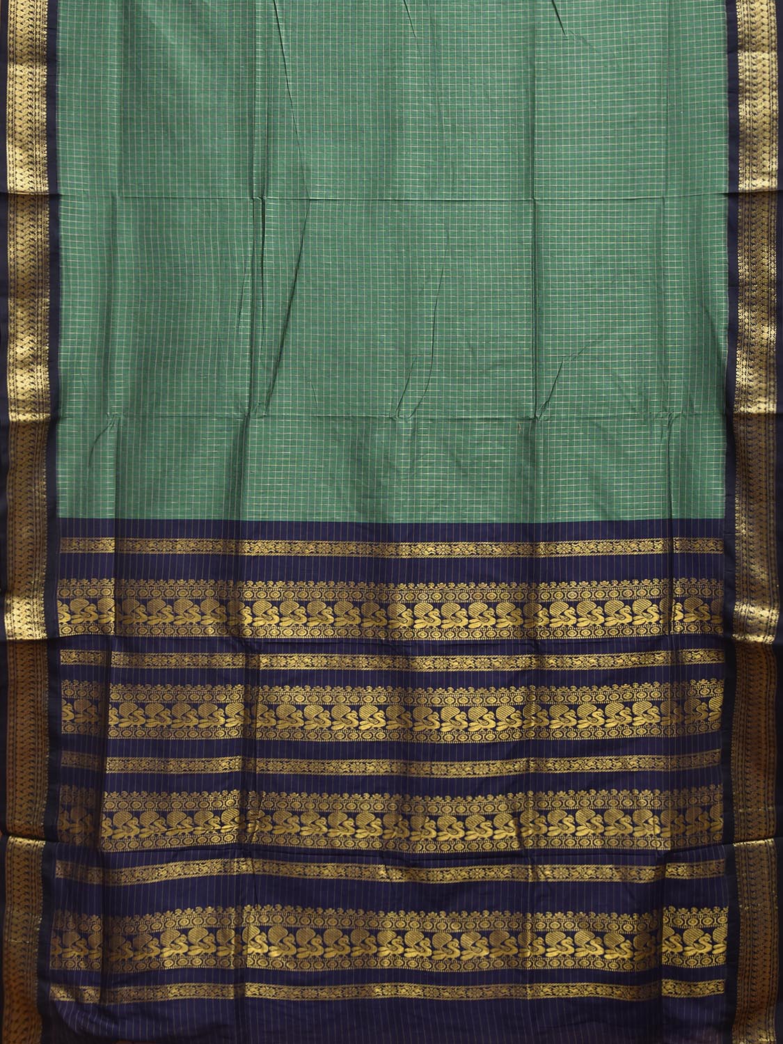 Green and Navy Gadwal Cotton Viscose Saree with Checks and Pallu Design g0604