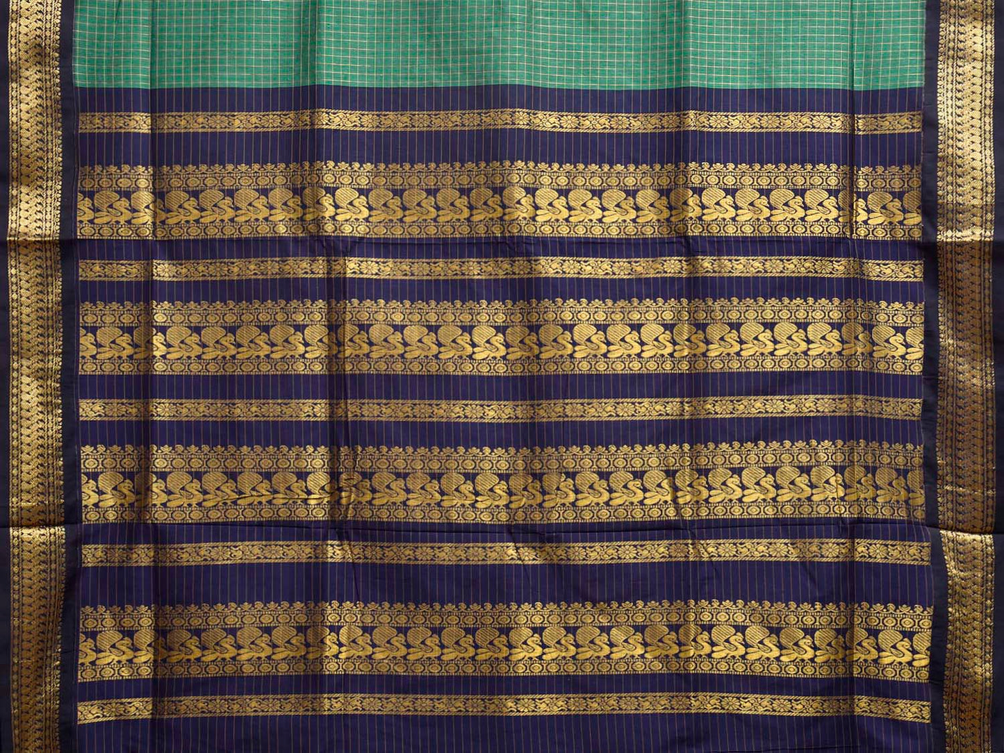 Green and Navy Gadwal Cotton Viscose Saree with Checks and Pallu Design g0604