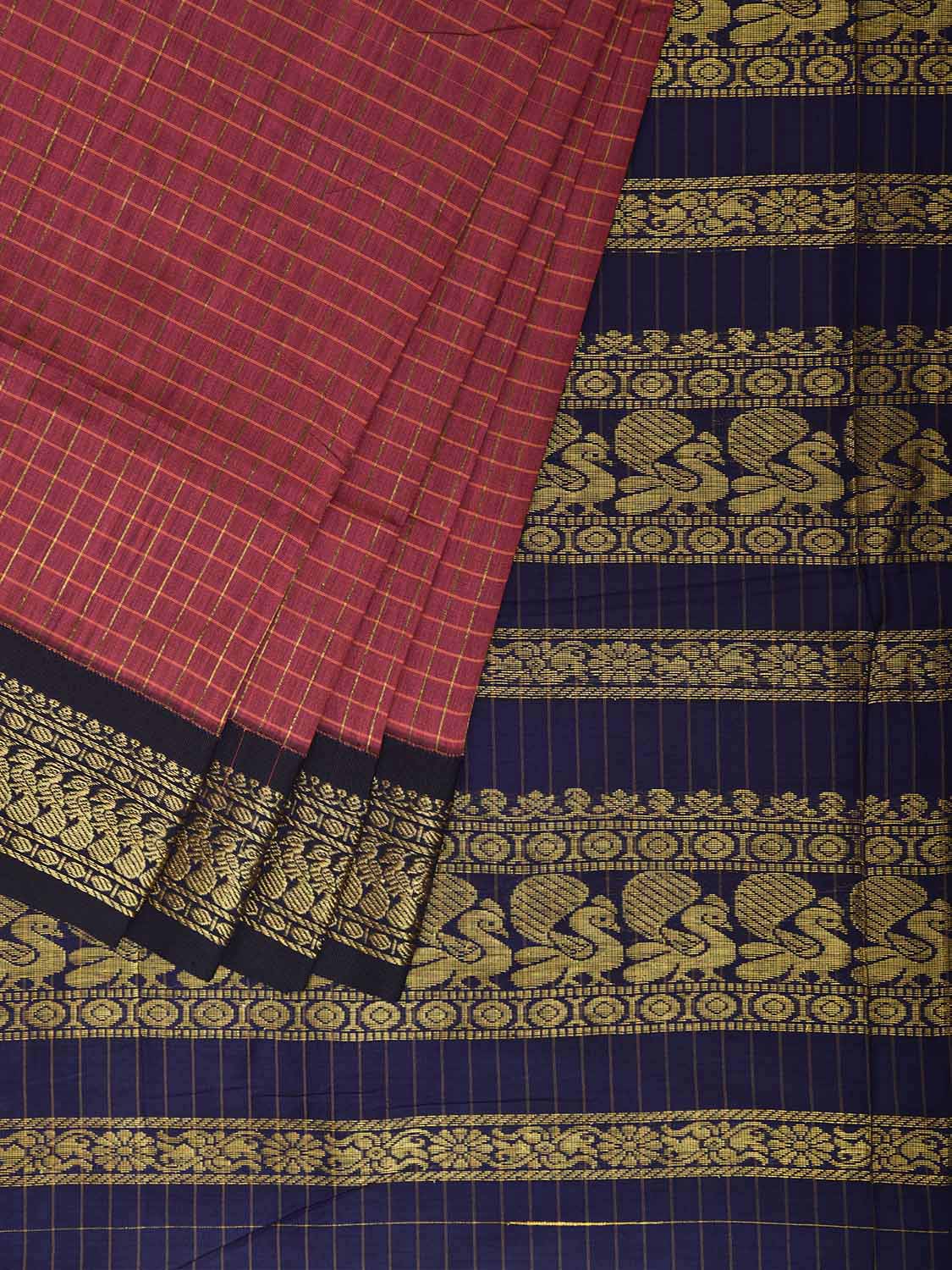 Pink and Navy Gadwal Cotton Viscose Saree with Checks and Pallu Design g0605