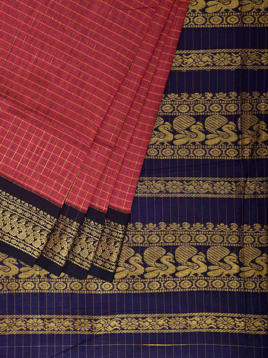 Pink and Navy Gadwal Cotton Viscose Saree with Checks and Pallu Design g0605
