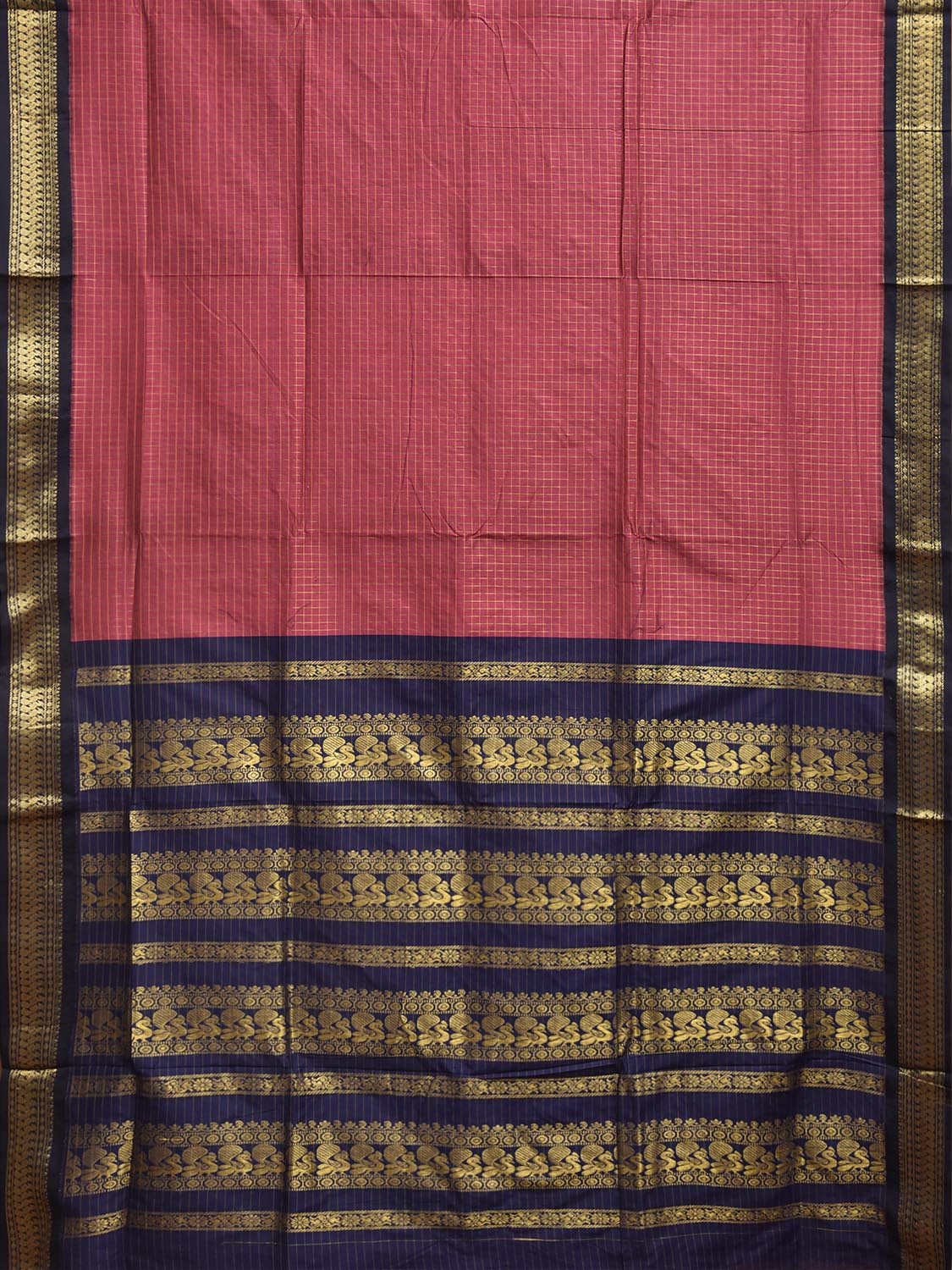 Pink and Navy Gadwal Cotton Viscose Saree with Checks and Pallu Design g0605