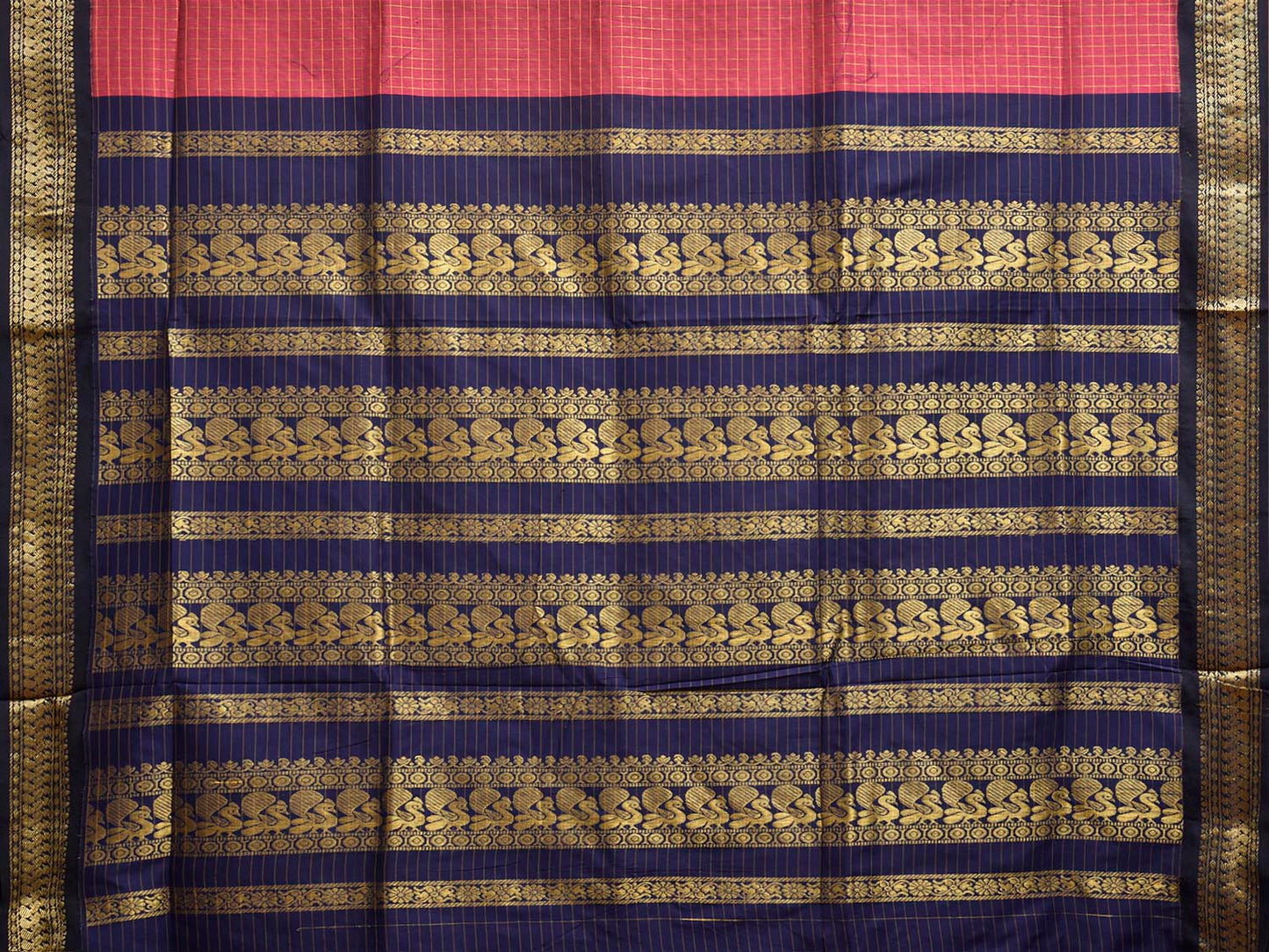 Pink and Navy Gadwal Cotton Viscose Saree with Checks and Pallu Design g0605