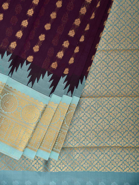 Purple and Light Blue Gadwal Cotton Viscose Saree with Temple Border and Pallu Design g0606