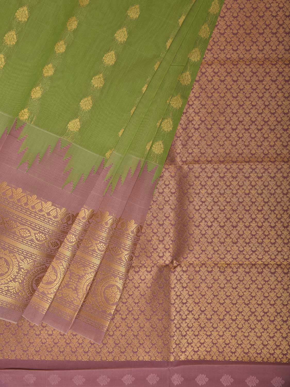 Light Green and Light Pink Gadwal Cotton Viscose Saree with Temple Border and Pallu Design g0607