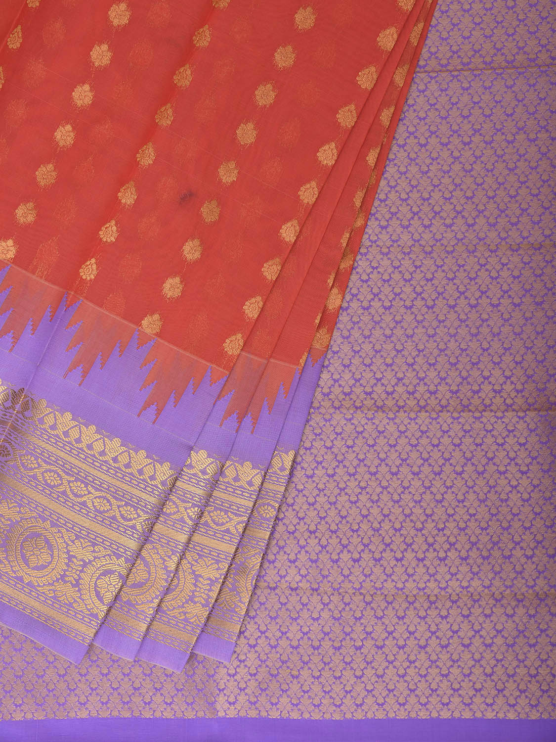 Orange and Lavender Gadwal Cotton Viscose Saree with Temple Border and Pallu Design g0609