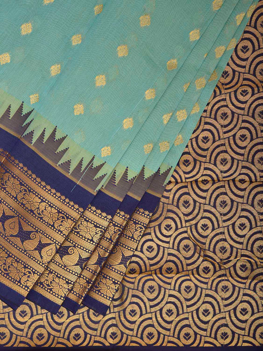 Sea Blue and Dark Blue Gadwal Cotton Viscose Saree with Temple Border and Pallu Design g0610