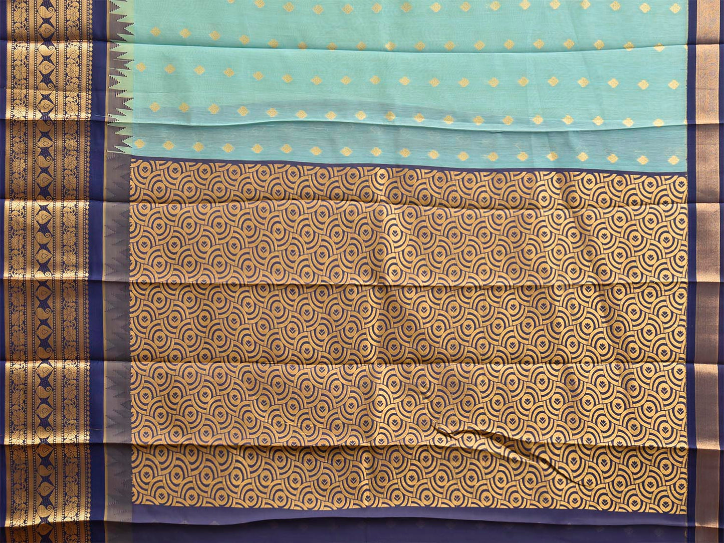 Sea Blue and Dark Blue Gadwal Cotton Viscose Saree with Temple Border and Pallu Design g0610
