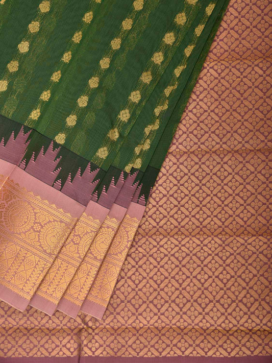 Green and Light Pink Gadwal Cotton Viscose Saree with Temple Border and Pallu Design g0611