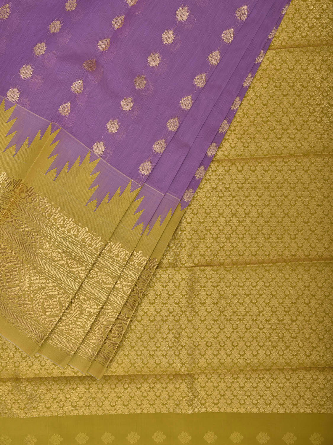Lavender and Yellow Gadwal Cotton Viscose Saree with Temple Border and Pallu Design g0612
