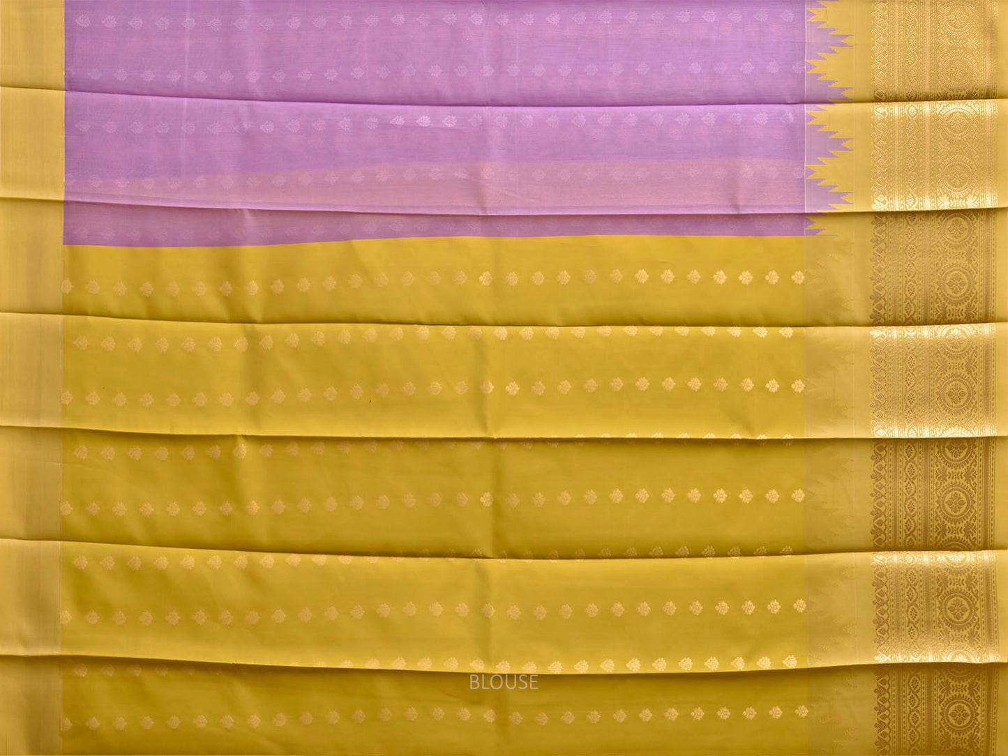 Lavender and Yellow Gadwal Cotton Viscose Saree with Temple Border and Pallu Design g0612