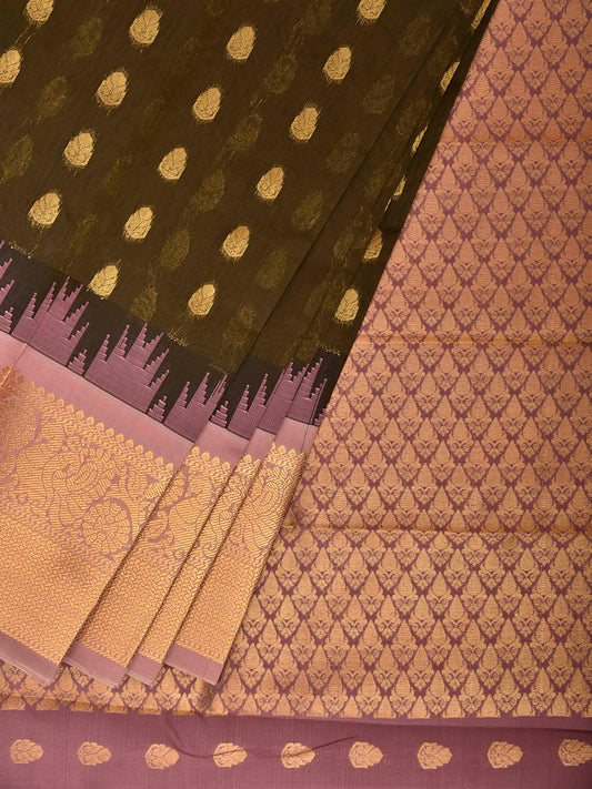 Olive and Light Pink Gadwal Cotton Viscose Saree with Temple Border and Pallu Design g0913