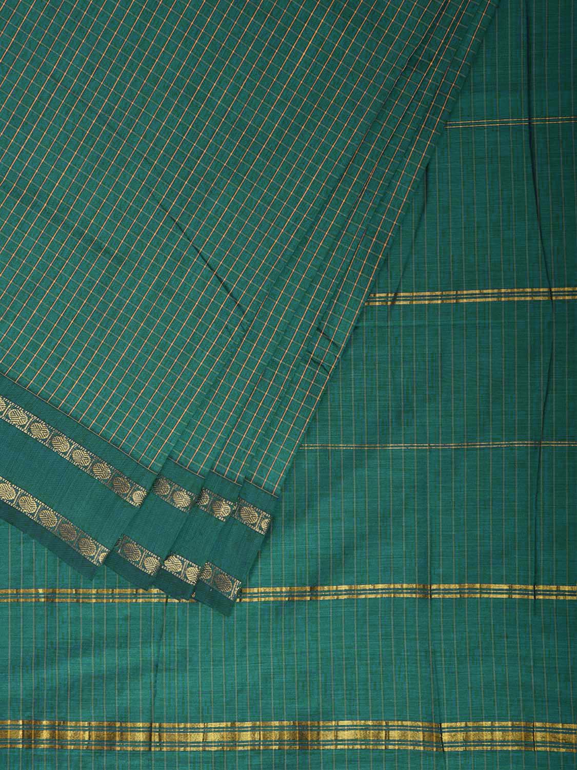 Green Gadwal Cotton Viscose Saree with Checks and Doby Border Design g0614