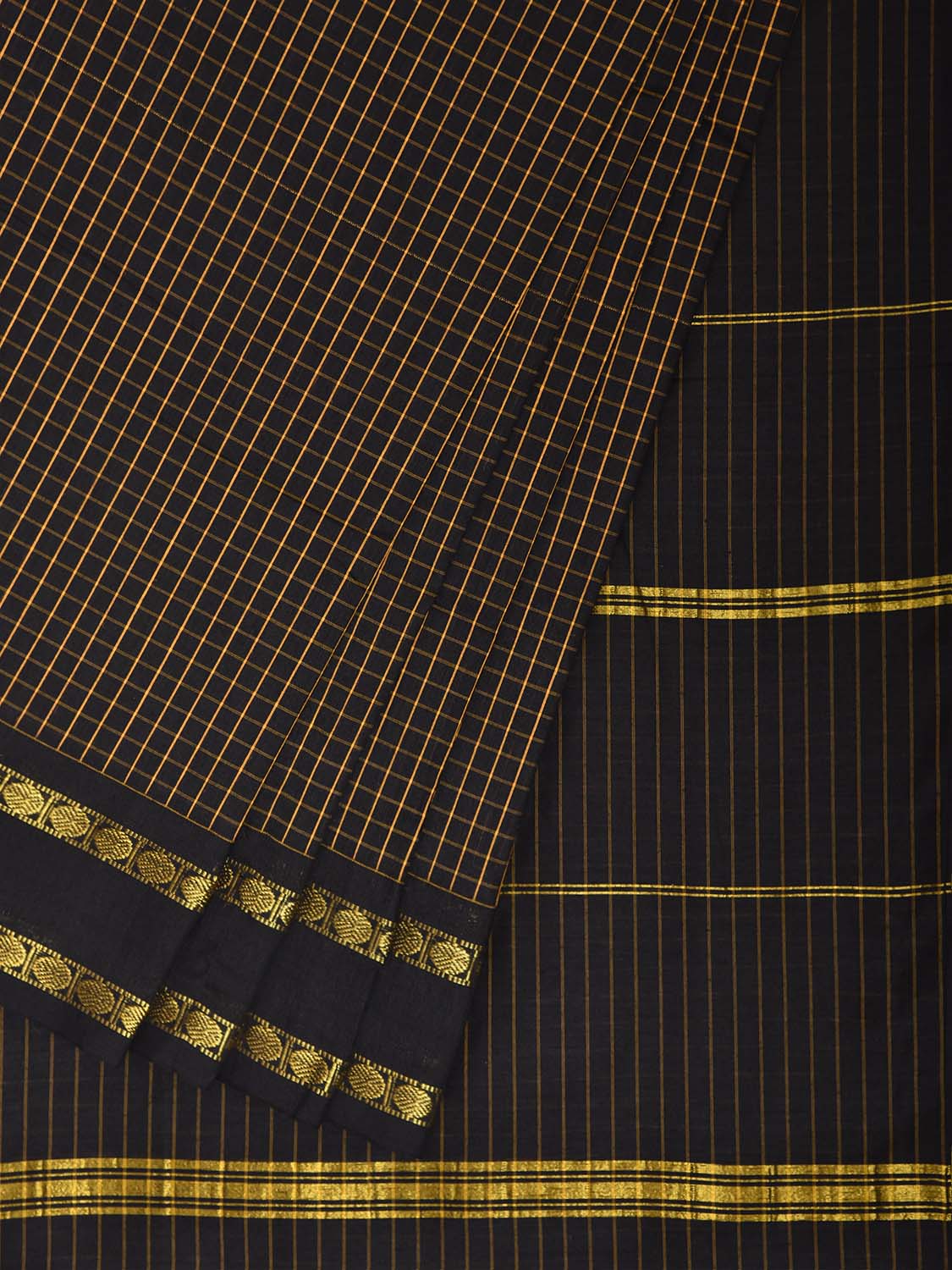 Black Gadwal Cotton Viscose Saree with Checks and Doby Border Design g0615