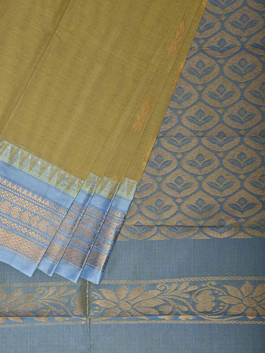 Olive and Light Blue Gadwal Cotton Body Viscose Border Saree with Pallu Design No Blouse g0617
