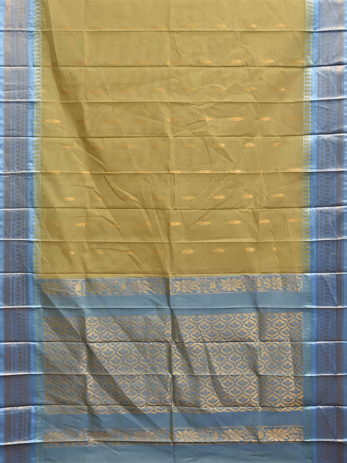 Olive and Light Blue Gadwal Cotton Body Viscose Border Saree with Pallu Design No Blouse g0617