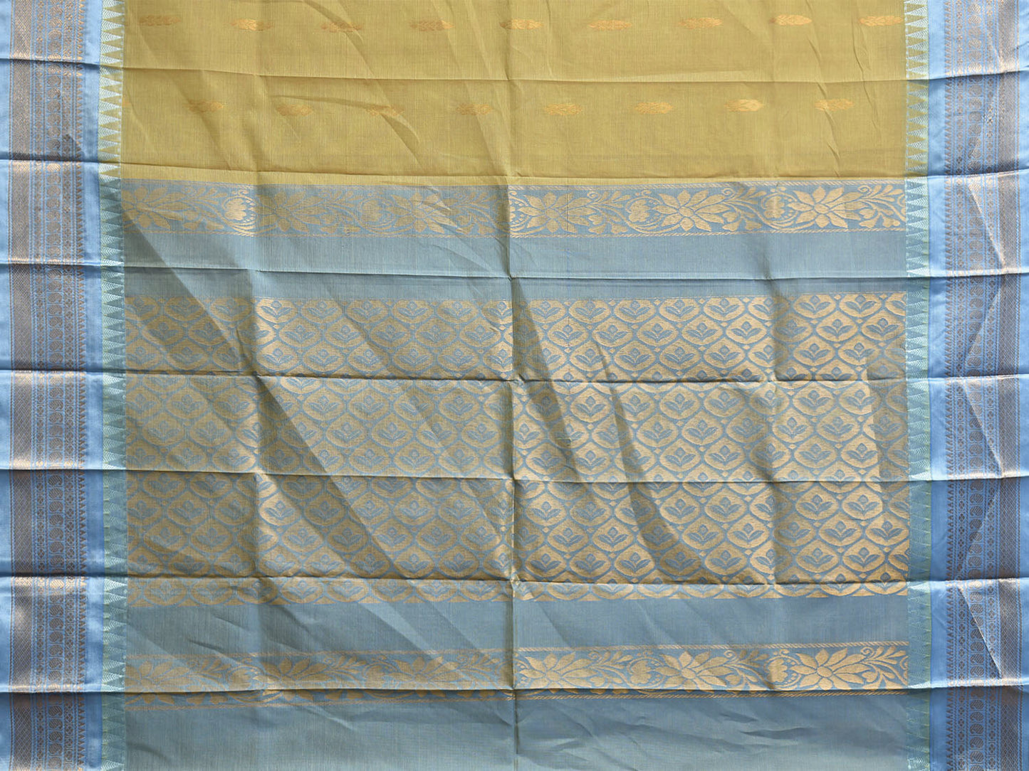 Olive and Light Blue Gadwal Cotton Body Viscose Border Saree with Pallu Design No Blouse g0617