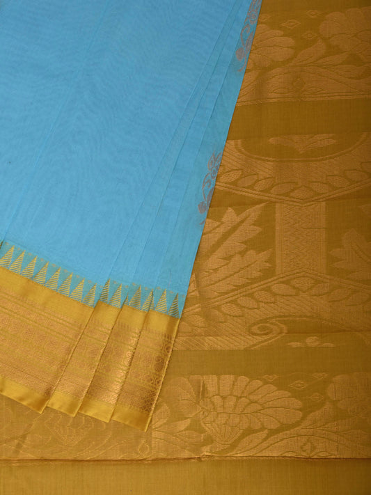 Light Blue and Olive Gadwal Cotton Body Viscose Border Saree with Pallu Design No Blouse g0619