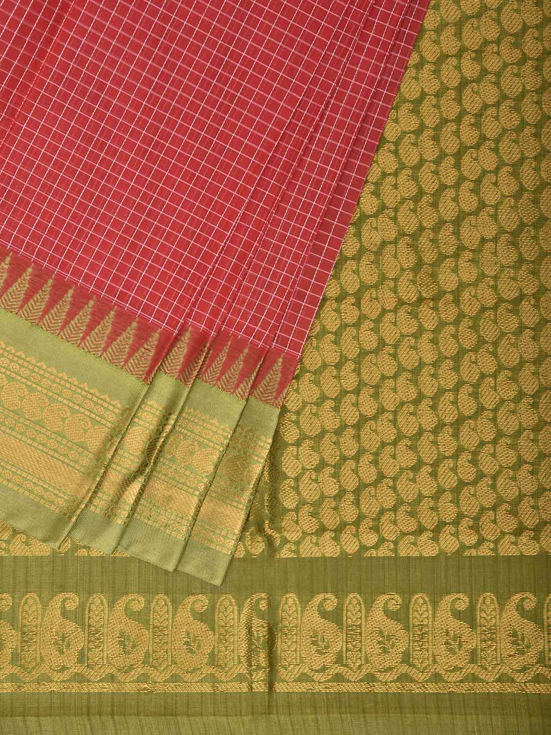 Red and Green Gadwal Cotton Body Viscose Border Saree with Checks Design No Blouse g0621