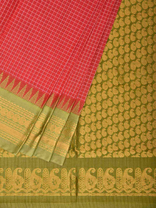 Red and Green Gadwal Cotton Body Viscose Border Saree with Checks Design No Blouse g0621