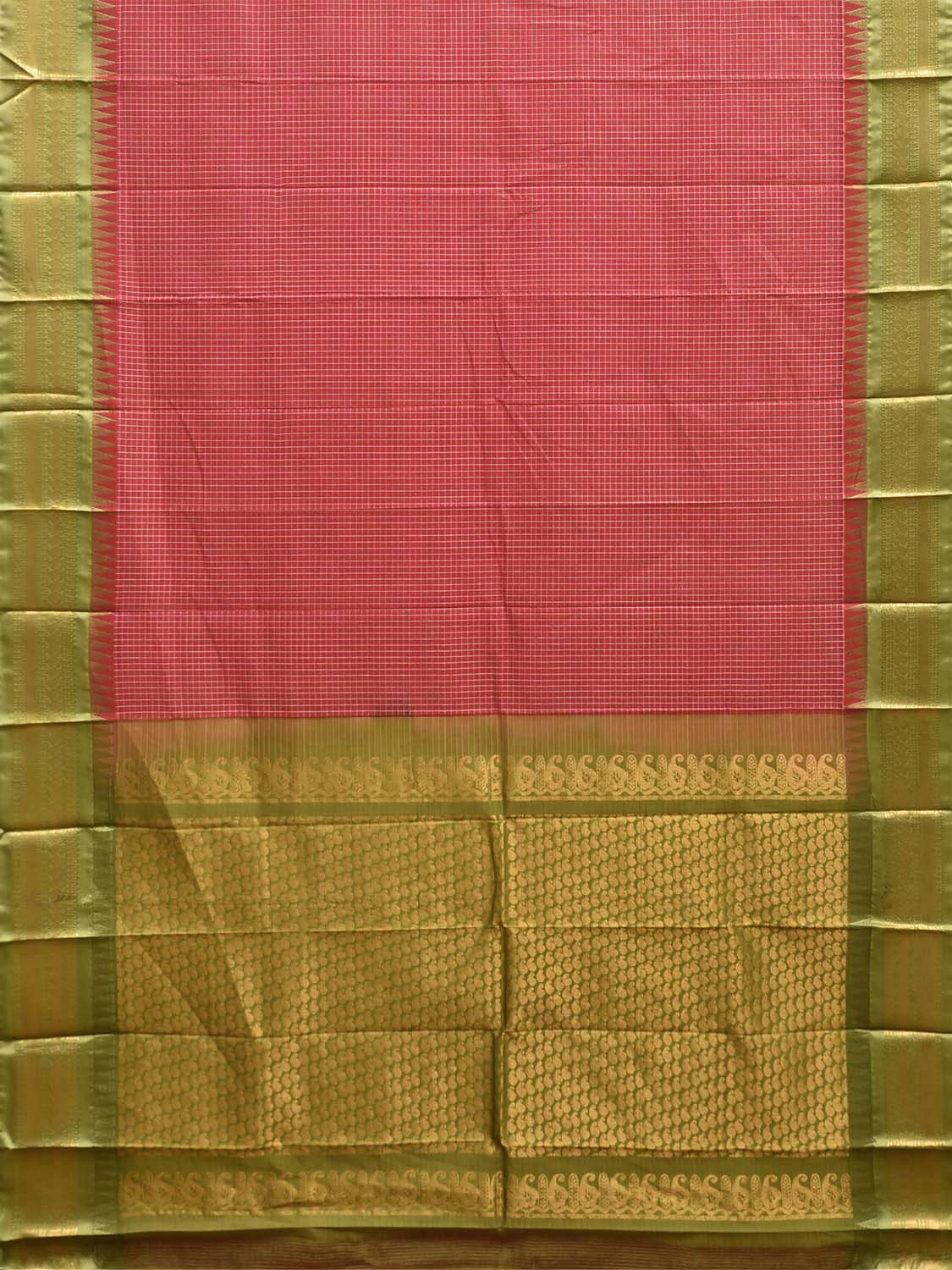 Red and Green Gadwal Cotton Body Viscose Border Saree with Checks Design No Blouse g0621