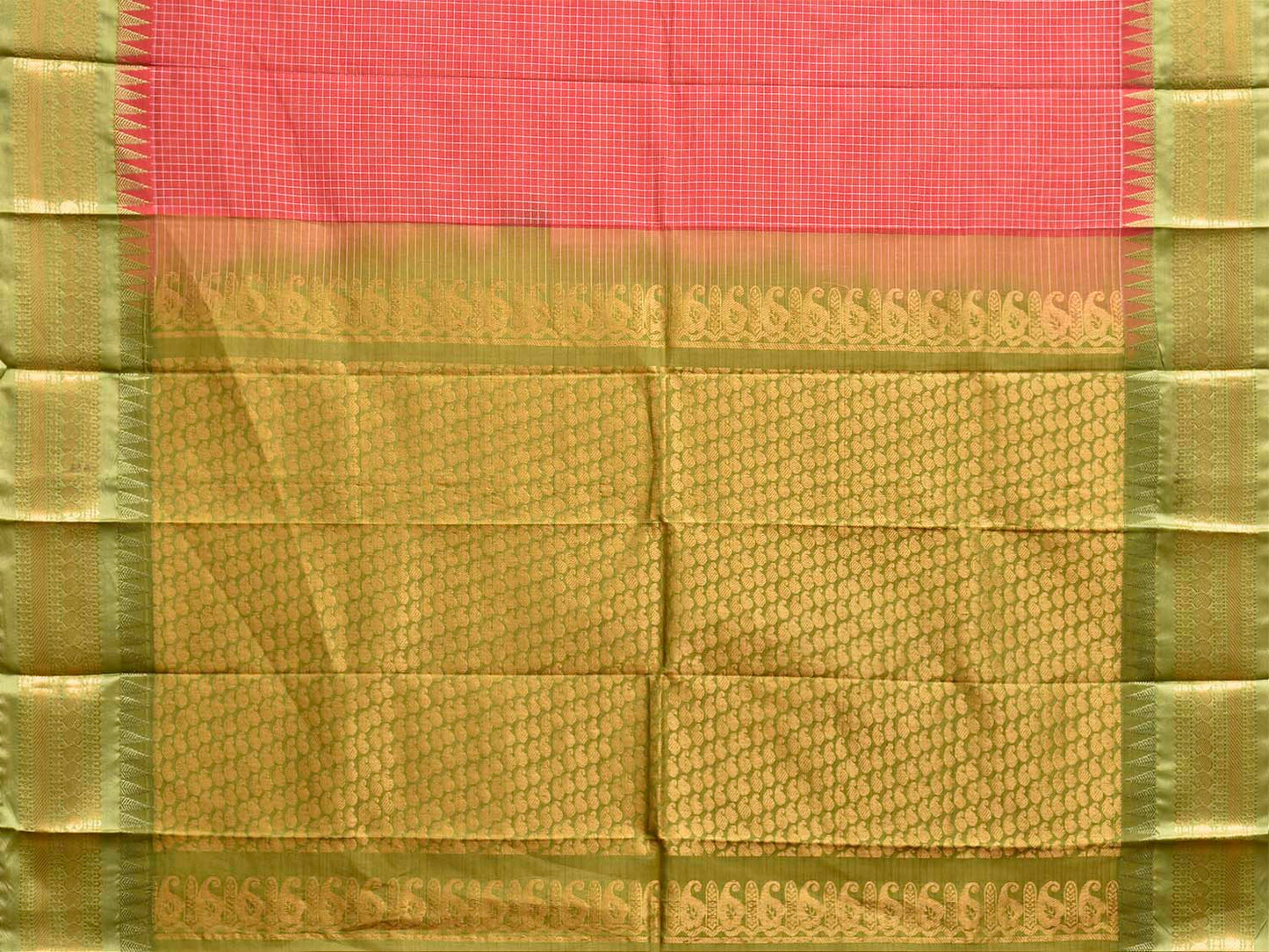 Red and Green Gadwal Cotton Body Viscose Border Saree with Checks Design No Blouse g0621