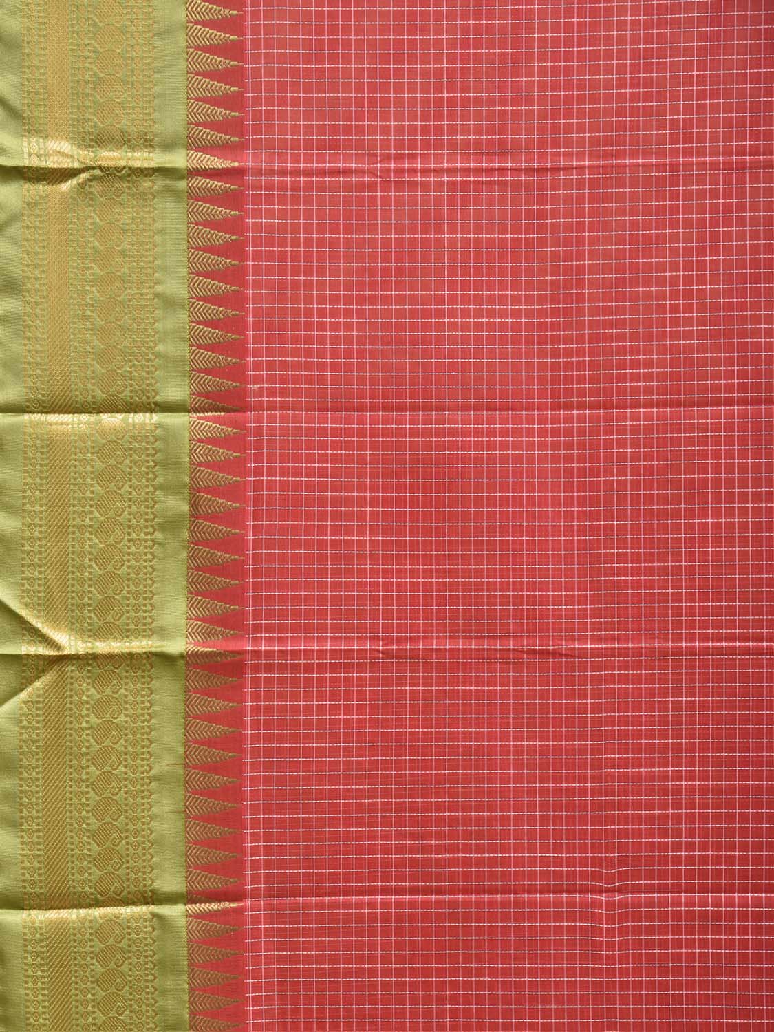 Red and Green Gadwal Cotton Body Viscose Border Saree with Checks Design No Blouse g0621