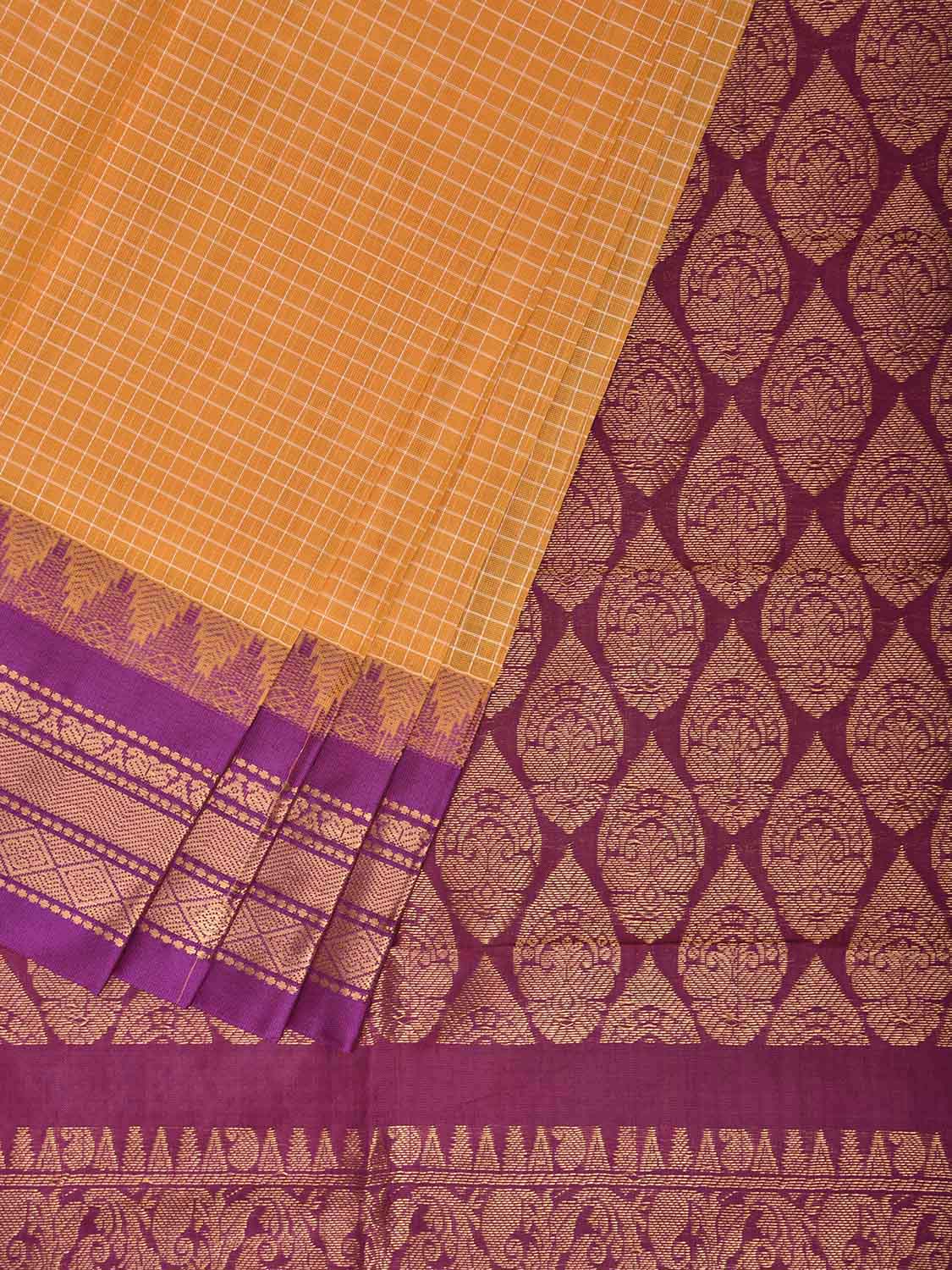 Yellow and Purple Gadwal Cotton Body Viscose Border Saree with Checks Design No Blouse g0622