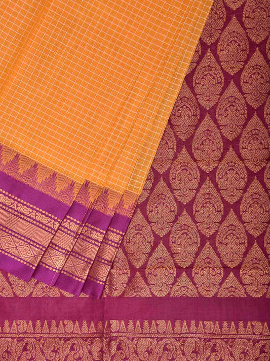 Yellow and Purple Gadwal Cotton Body Viscose Border Saree with Checks Design No Blouse g0622