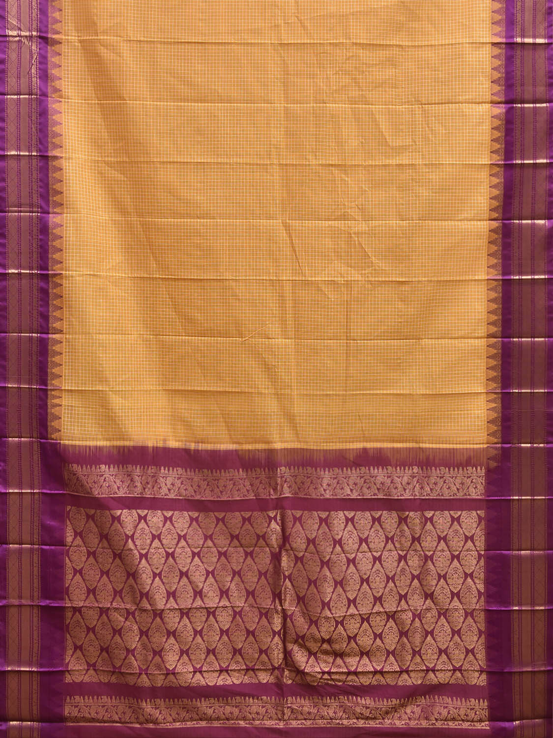 Yellow and Purple Gadwal Cotton Body Viscose Border Saree with Checks Design No Blouse g0622