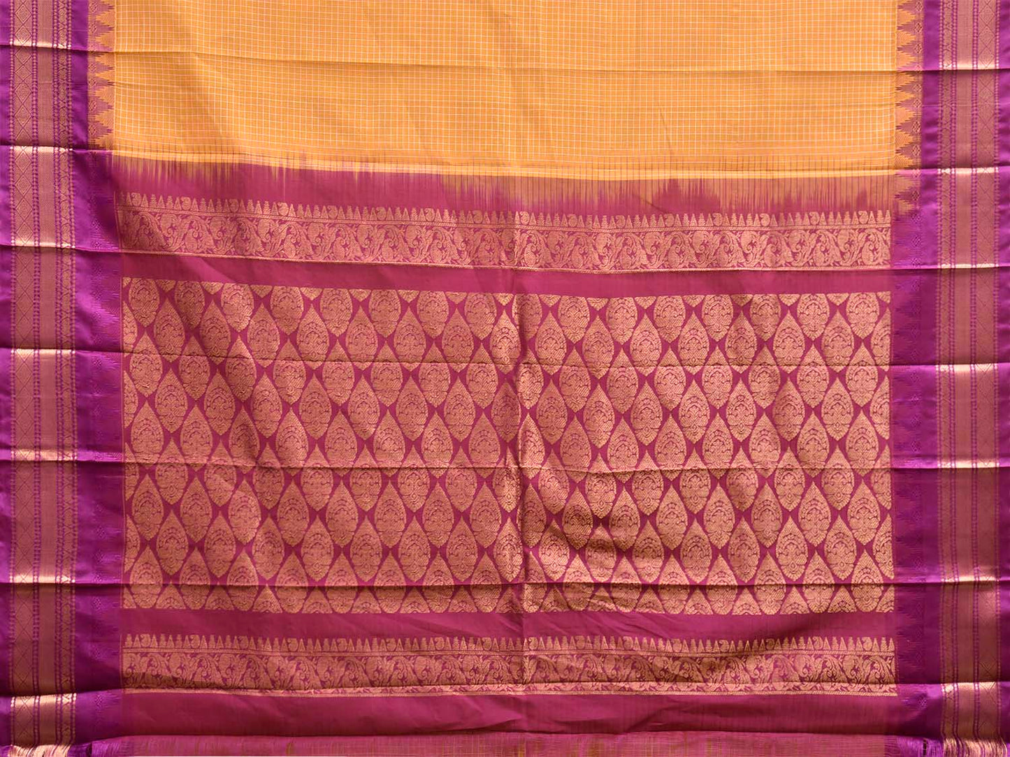 Yellow and Purple Gadwal Cotton Body Viscose Border Saree with Checks Design No Blouse g0622