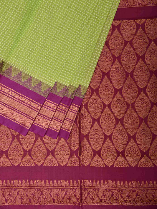 Light Green and Purple Gadwal Cotton Body Viscose Border Saree with Checks Design No Blouse g0623