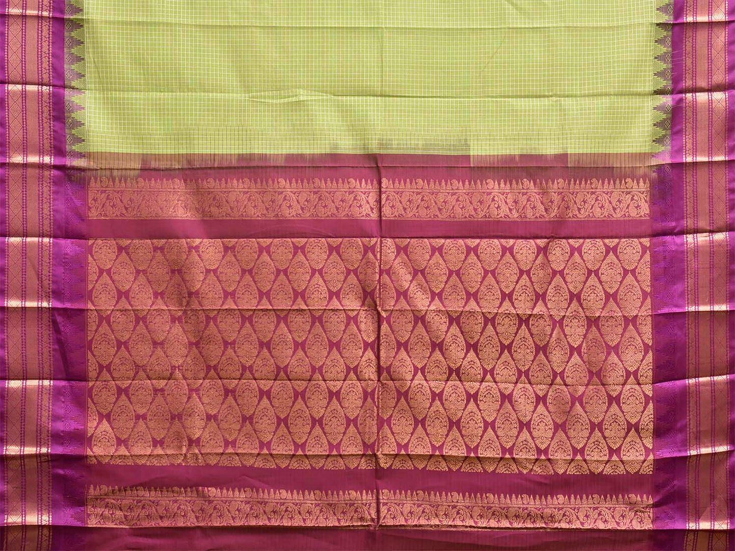 Light Green and Purple Gadwal Cotton Body Viscose Border Saree with Checks Design No Blouse g0623