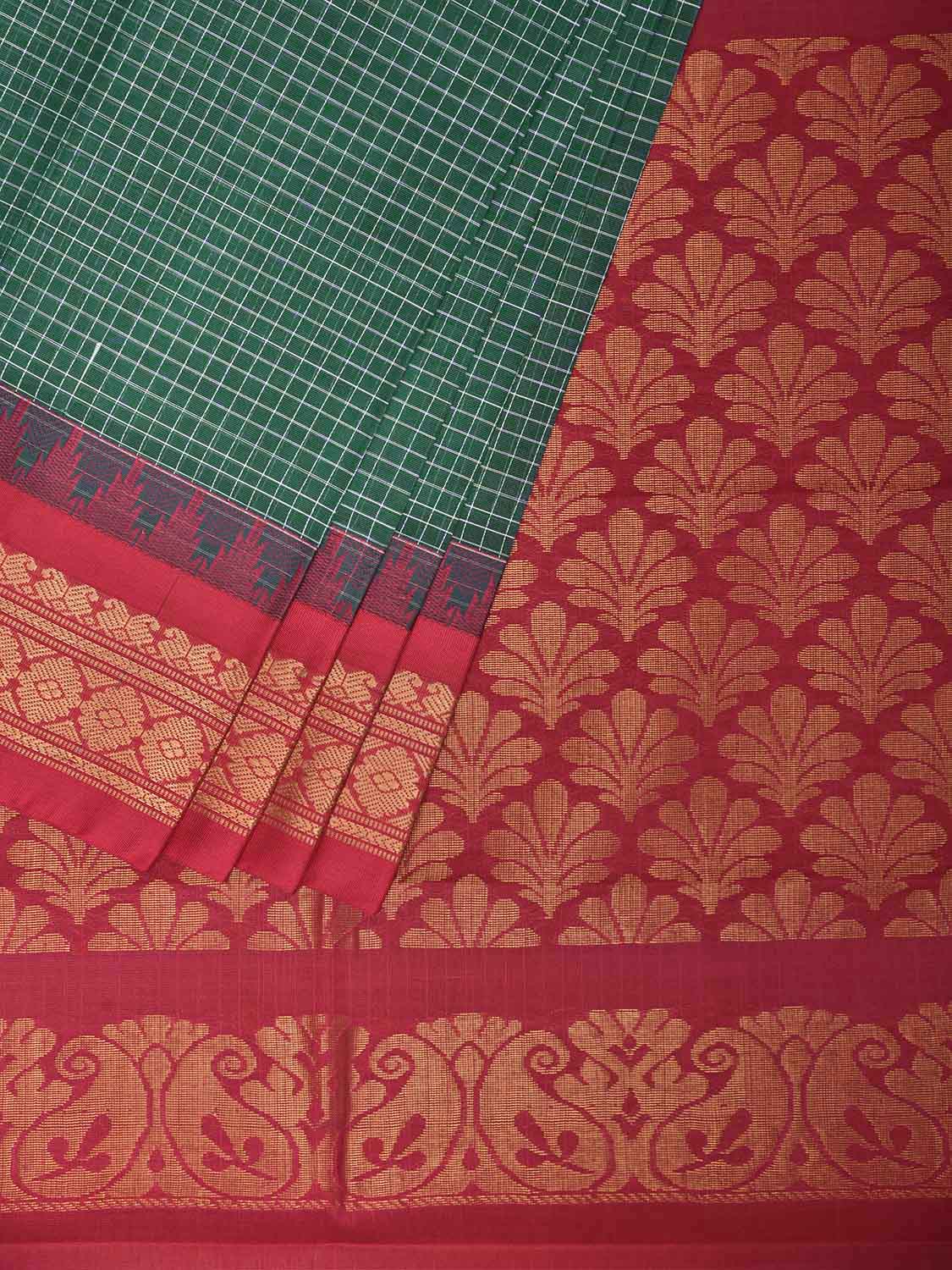 Green and Pink Gadwal Cotton Body Viscose Border Saree with Checks Design No Blouse g0624