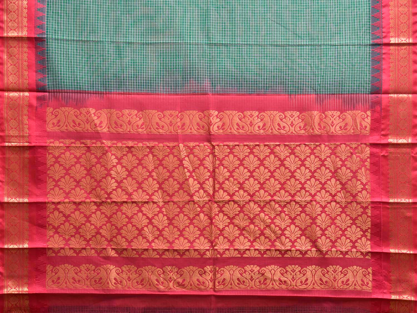 Green and Pink Gadwal Cotton Body Viscose Border Saree with Checks Design No Blouse g0624