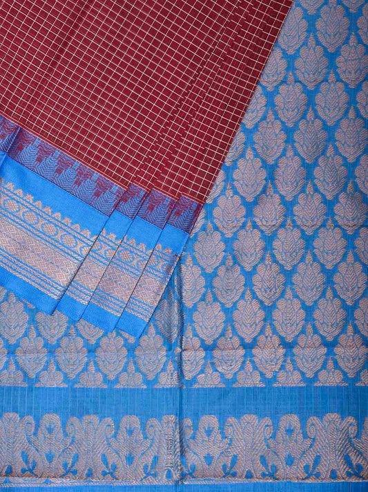 Maroon and Blue Gadwal Cotton Body Viscose Border Saree with Checks Design No Blouse g0625