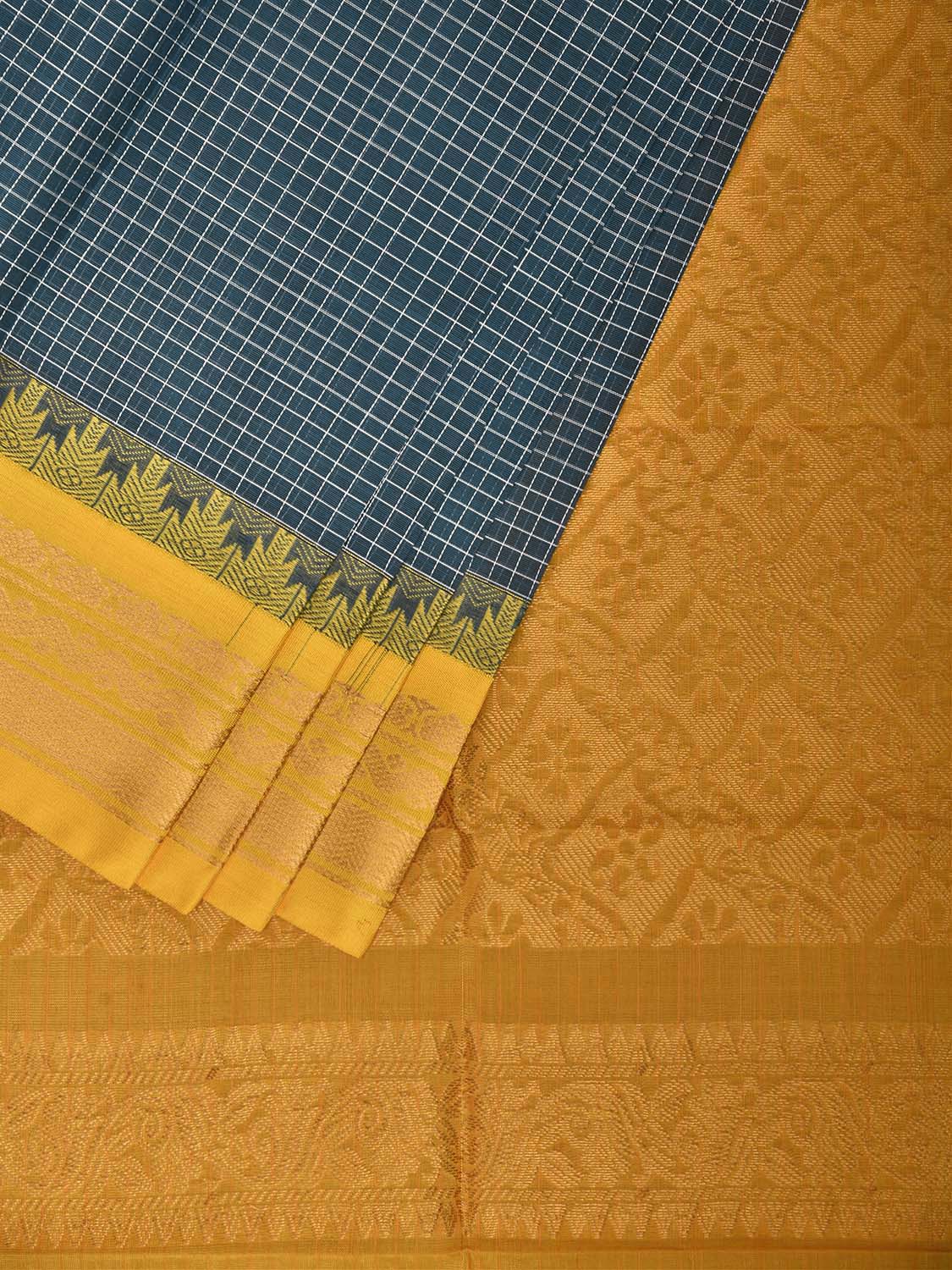 Teal and Yellow Gadwal Cotton Body Viscose Border Saree with Checks Design No Blouse g0626