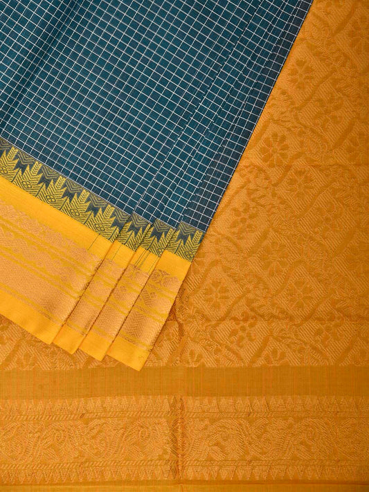 Teal and Yellow Gadwal Cotton Body Viscose Border Saree with Checks Design No Blouse g0626