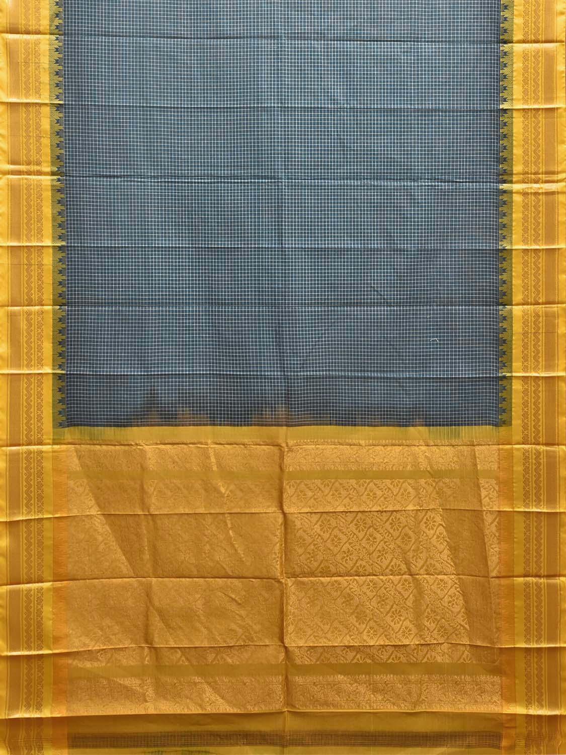 Teal and Yellow Gadwal Cotton Body Viscose Border Saree with Checks Design No Blouse g0626