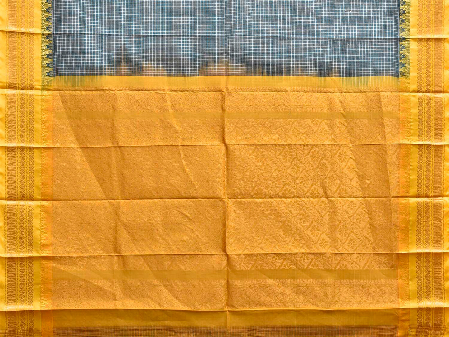 Teal and Yellow Gadwal Cotton Body Viscose Border Saree with Checks Design No Blouse g0626