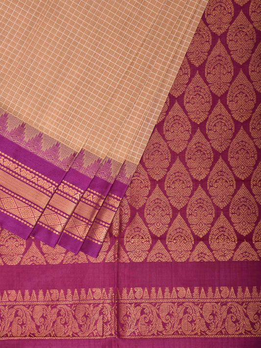 Cream and Purple Gadwal Cotton Body Viscose Border Saree with Checks Design No Blouse g0627