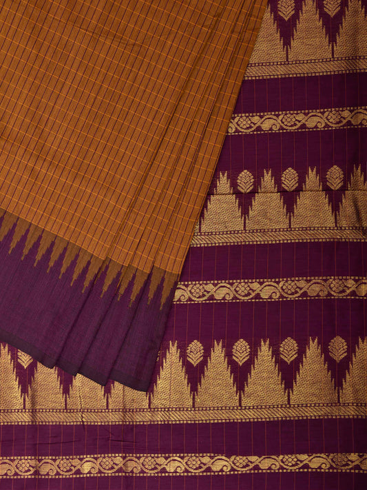 Dark Orange and Purple Gadwal Cotton Viscose Saree with Checks and Pallu Design g0630