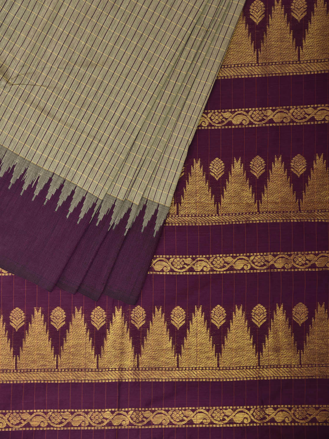 Sea Green and Purple Gadwal Cotton Viscose Saree with Checks and Pallu Design g0631