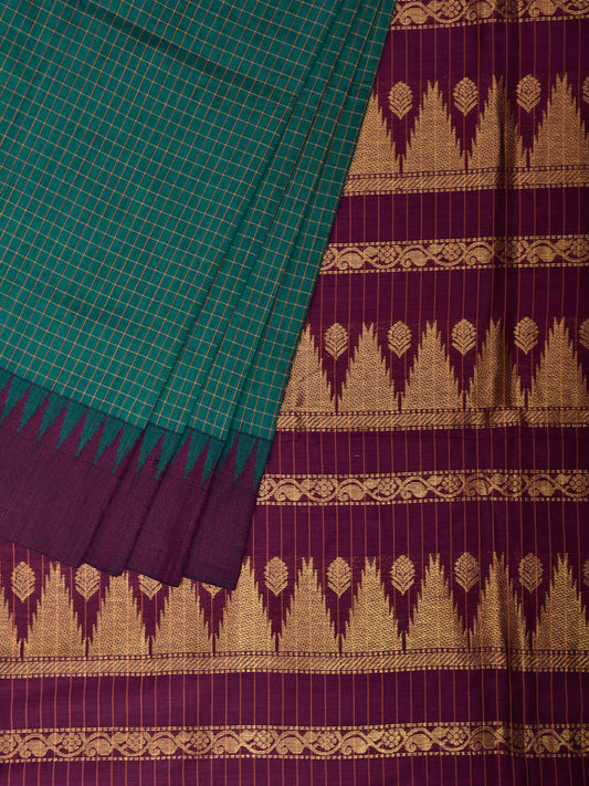 Teal and Purple Gadwal Cotton Viscose Saree with Checks and Pallu Design g0632