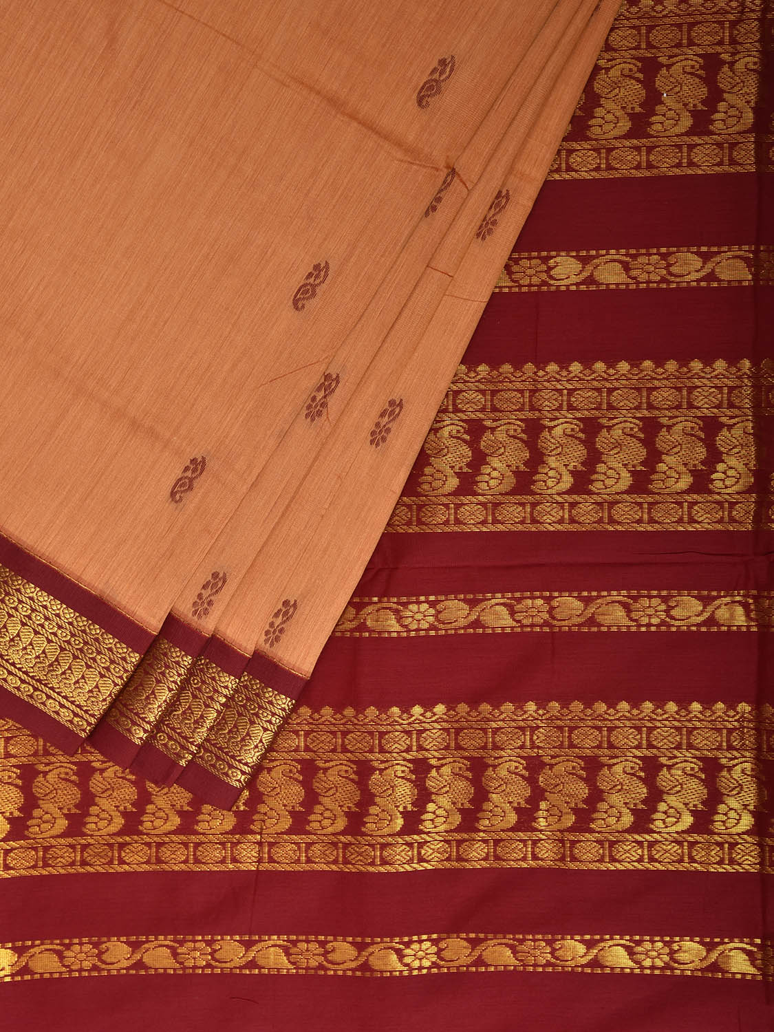 Light Orange and Dark Red Gadwal Cotton Viscose Saree with Pallu Design g0634