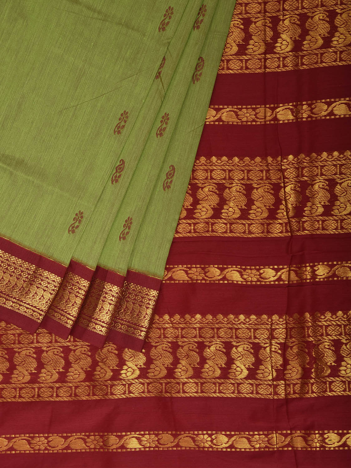 Green and Dark Red Gadwal Cotton Viscose Saree with Pallu Design g0636