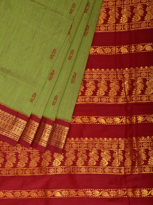 Green and Dark Red Gadwal Cotton Viscose Saree with Pallu Design g0636