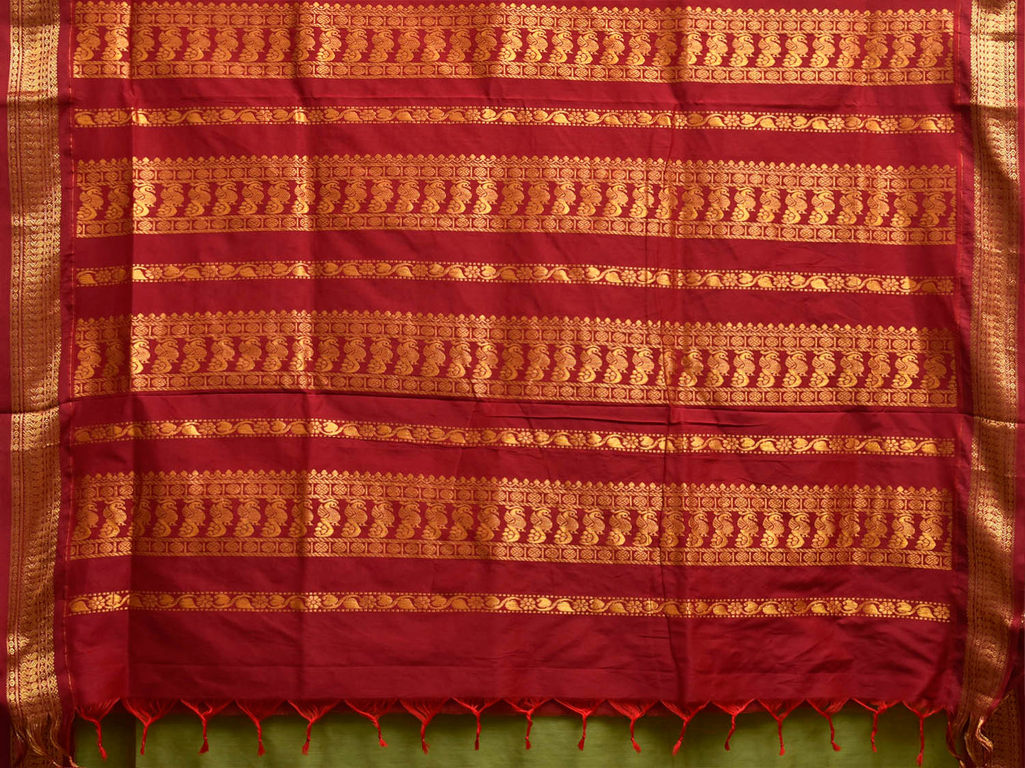 Green and Dark Red Gadwal Cotton Viscose Saree with Pallu Design g0636