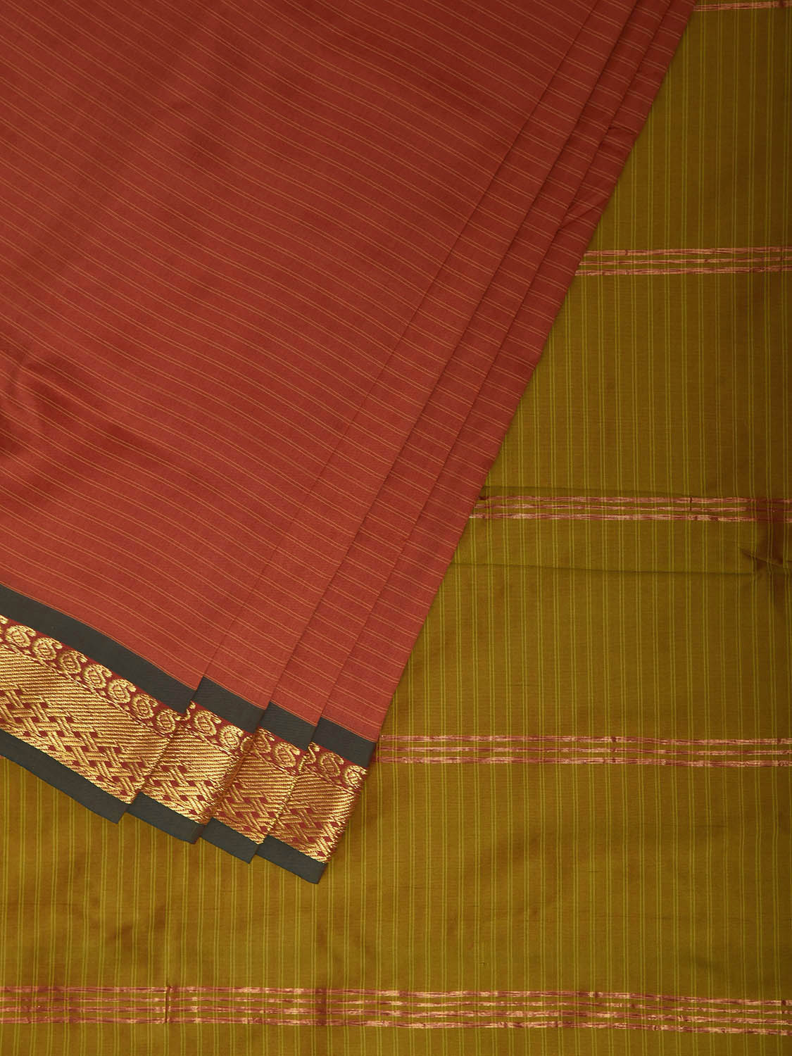 Rust and Olive Gadwal Viscose Saree with Strips Design g0637