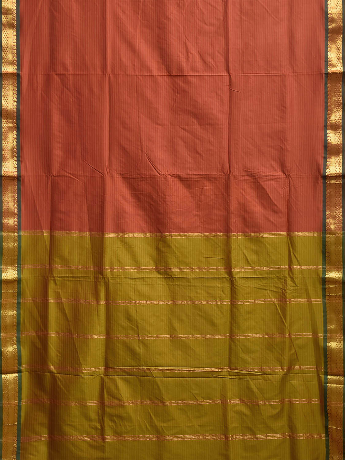 Rust and Olive Gadwal Viscose Saree with Strips Design g0637